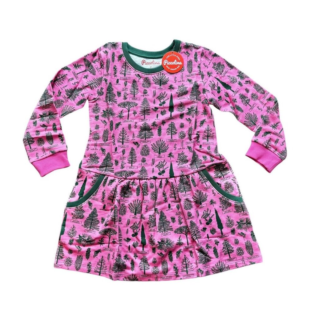Pink Forest Print Long-Sleeve Kids Dress